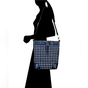 FRYE Melissa Denim Leather Drawstring Hobo Bucket Bag Navy Blue 100% Authentic